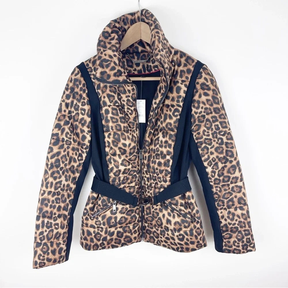 White House Black Market Leopard Printed Puffer with Belt Size Extra Small NWT
